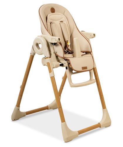 כסא אוכל מפואר לילדים Woody שלד דמוי עץ, בריפוד דמוי עור, מצבי שכיבה וגובה - בז'/דמוי עץ