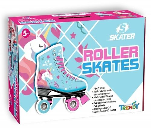 סקטים / גלגיליות עם 4 גלגלי PVC - דגם חד קרן על רקע תכלת - מידה 36