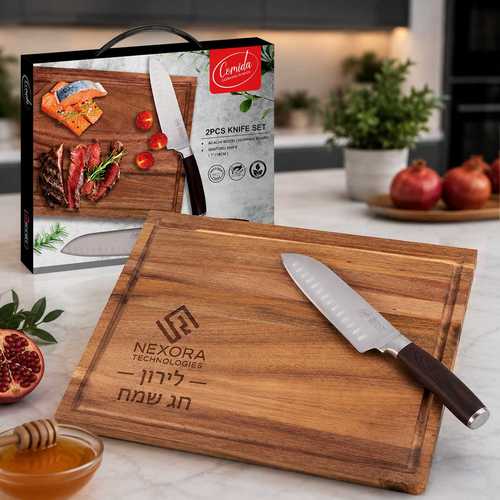 מתנה מקורית למארחת לחג הכוללת סכין סנטוקו יפנית מקצועית וקרש חיתוך מעץ אקציה מסיבי עם חריץ נוזלים