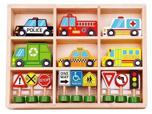 סט מכוניות ותמרורים מעץ בארגז מחולק רב פעמי 11 חלקים - צבעוני