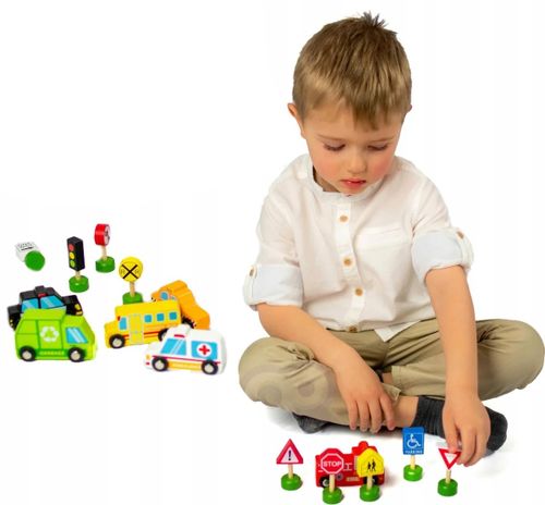 סט מכוניות ותמרורים מעץ בארגז מחולק רב פעמי 11 חלקים - צבעוני