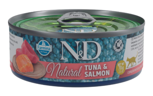 N&D Tuna & Salmon - מעדן טונה וסלמון לחתולים 70 גרם מבצע 10% הנחה בקניית 10 יח
