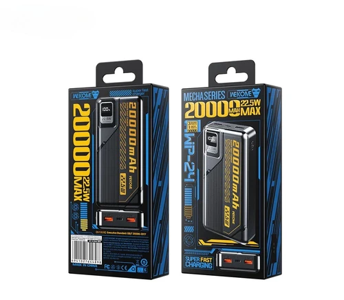 מבט מקרוב על יציאות Type-C ו-USB-A של המטען WEKOME WP-24, לטעינה מרובה ומהירה.