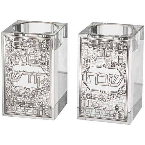 זוג פמוטי קריסטל מרובע עם פלקטה דגם 