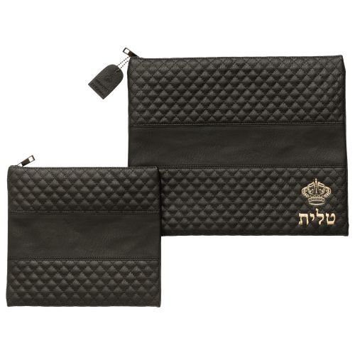 סט טלית תפילין דמוי עור שחור אותיות בולטות זהב