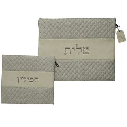 סט טלית תפילין דמוי עור עם ריקמה אפור
