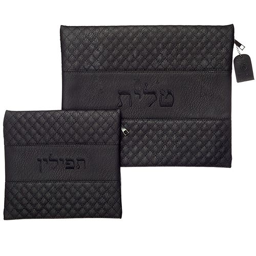 סט טלית תפילין דמוי עור עם ריקמה שחור