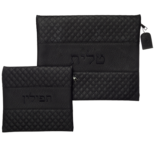סט טלית תפילין דמוי עור עם ריקמה שחור