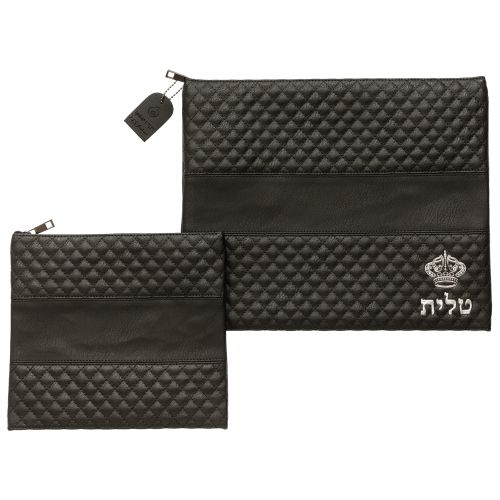 סט טלית תפילין דמוי עור שחור אותיות בולטות "כתר"