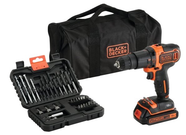 מקדחה דופקת/מברגה+סט אביזרים ותיק נשיאה Black+Decker BDCHD18S32-QW 18V