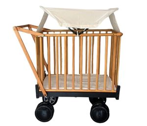 עגלול עץ מתקפל דקל עם גגון ומזרן תואם - טבעי