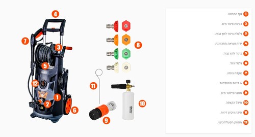 מכונת שטיפה 195BAR מנוע אינדוקציה 2500W + מיכל הקצפת סבון ו4 דיזות מתחלפות