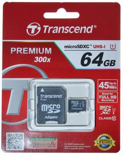 כרטיס זיכרון Transcend 64GB microSDHC UHS-I Class10 ומתאם