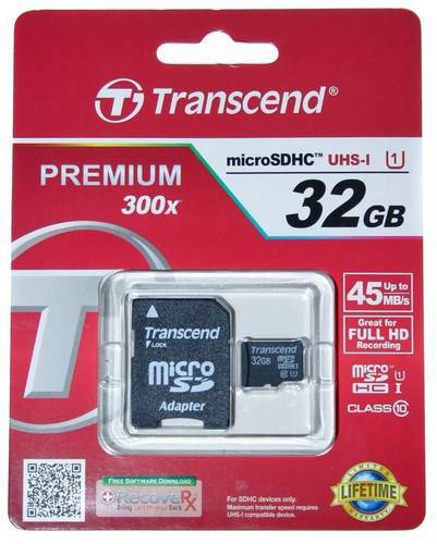 כרטיס זיכרון Transcend 32GB microSDHC UHS-I x300 Class10 ומתאם
