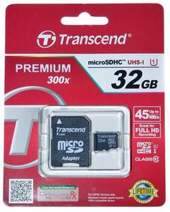 כרטיס זיכרון Transcend 32GB microSDHC UHS-I x300 Class10 ומתאם