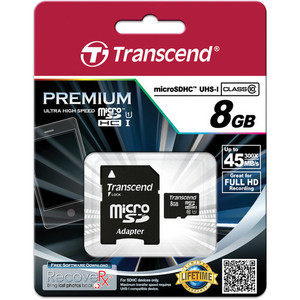 כרטיס זיכרון Transcend 8GB microSDHC UHS-I U1 Class10 ומתאם