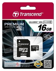 כרטיס זיכרון Transcend 16GB microSDHC UHS-I Class10 ומתאם