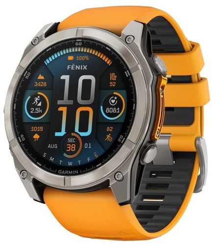 שעון חכם Garmin Fenix 8 AMOLED Sapphire 51mm טיטניום עם רצועת סיליקון כתומה