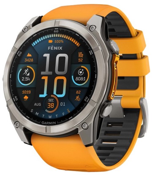 שעון חכם Garmin Fenix 8 AMOLED Sapphire 51mm טיטניום עם רצועת סיליקון כתומה