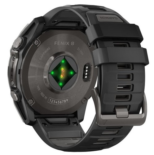 שעון חכם Garmin Fenix 8 AMOLED Sapphire 51mm טיטניום אפור קרבון בציפוי DLC עם רצועת סיליקון שחורה