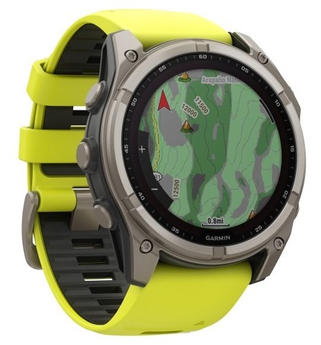 שעון חכם Garmin Fenix 8 AMOLED Sapphire 51mm טיטניום אפור קרבון בציפוי DLC עם רצועת סיליקון צהובה