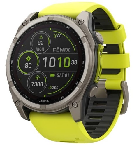 שעון חכם Garmin Fenix 8 AMOLED Sapphire 51mm טיטניום אפור קרבון בציפוי DLC עם רצועת סיליקון צהובה