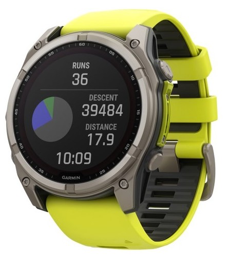 שעון חכם Garmin Fenix 8 AMOLED Sapphire 51mm טיטניום אפור קרבון בציפוי DLC עם רצועת סיליקון צהובה