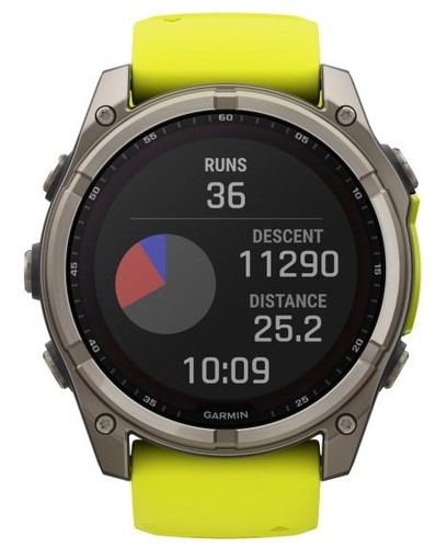 שעון חכם Garmin Fenix 8 AMOLED Sapphire 51mm טיטניום אפור קרבון בציפוי DLC עם רצועת סיליקון צהובה