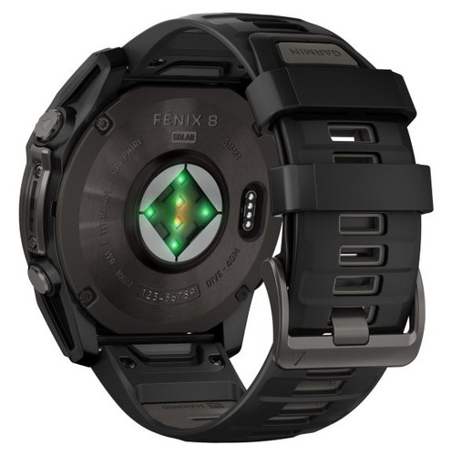 שעון חכם Garmin Fenix 8 AMOLED Sapphire Solar 51mm טיטניום אפור קרבון בציפוי DLC עם רצועת סיליקון שחורה