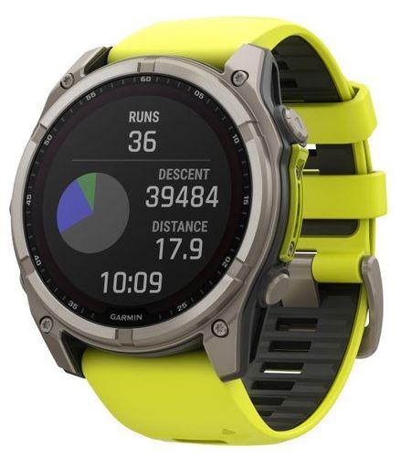 שעון חכם Garmin Fenix 8 AMOLED Sapphire 51mm טיטניום אפור קרבון בציפוי DLC עם רצועת סיליקון צהובה