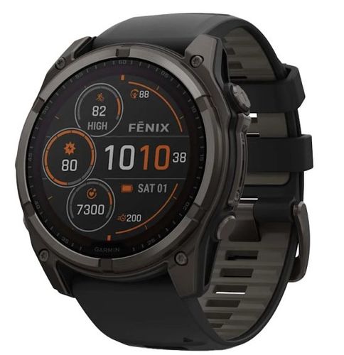 שעון חכם Garmin Fenix 8 AMOLED Sapphire Solar 51mm טיטניום אפור קרבון בציפוי DLC עם רצועת סיליקון שחורה