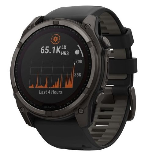 שעון חכם Garmin Fenix 8 AMOLED Sapphire Solar 51mm טיטניום אפור קרבון בציפוי DLC עם רצועת סיליקון שחורה