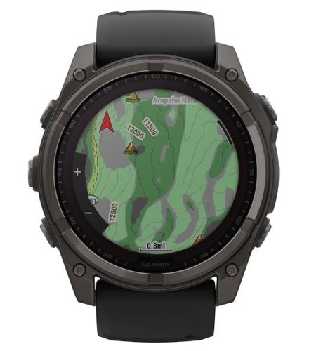 שעון חכם Garmin Fenix 8 AMOLED Sapphire Solar 51mm טיטניום אפור קרבון בציפוי DLC עם רצועת סיליקון שחורה