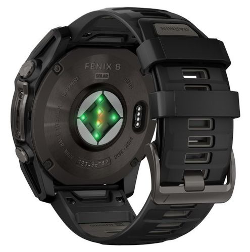שעון חכם Garmin Fenix 8 AMOLED Sapphire Solar 51mm טיטניום אפור קרבון בציפוי DLC עם רצועת סיליקון שחורה