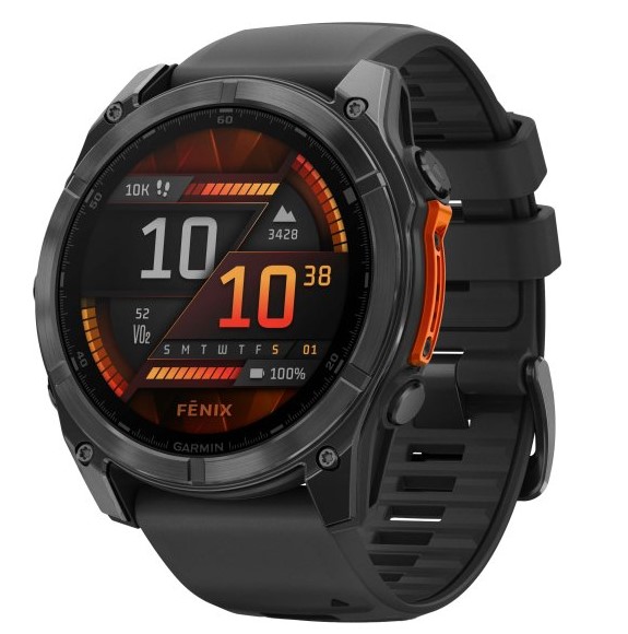 שעון חכם Garmin Fenix 8 AMOLED 51mm פלדת אל-חלד עם רצועת סיליקון שחורה