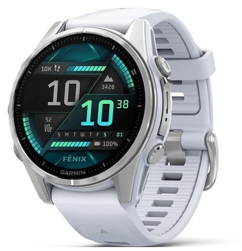 שעון חכם Garmin Fenix 8 AMOLED 43mm פלדת אל-חלד עם רצועת סיליקון לבנה