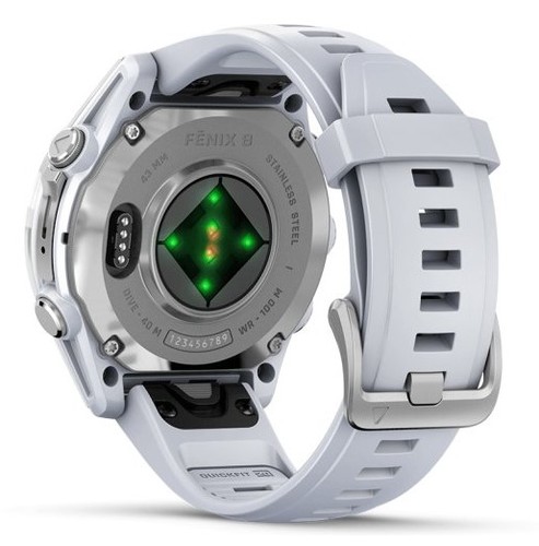 שעון חכם Garmin Fenix 8 AMOLED 43mm פלדת אל-חלד עם רצועת סיליקון לבנה