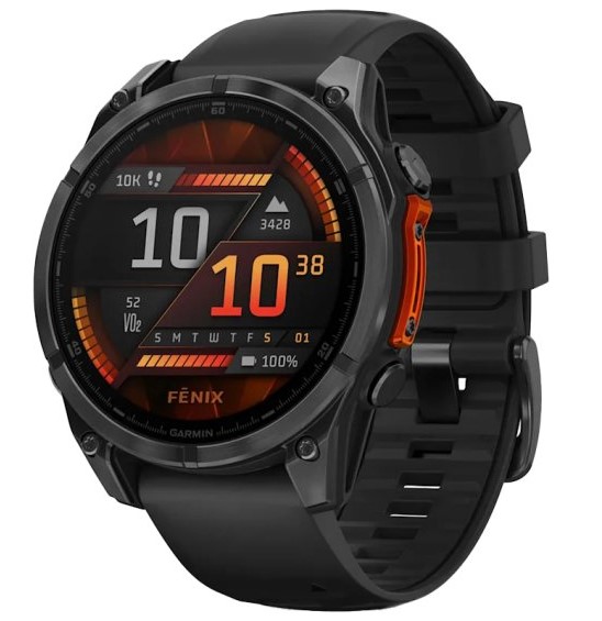 שעון חכם Garmin Fenix 8 AMOLED 47mm פלדת אל-חלד עם רצועת סיליקון שחורה