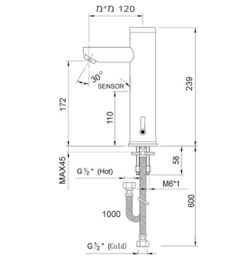 ברז IR מוסדי למים חמים וקרים, עם וסת טמפרטורה ניקל מבריק מק