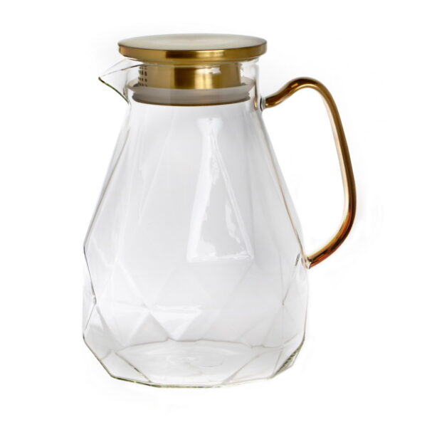 קנקן זכוכית למים שקוף צורת יהלום מכסה וידית זהב - 1.8 ליטר