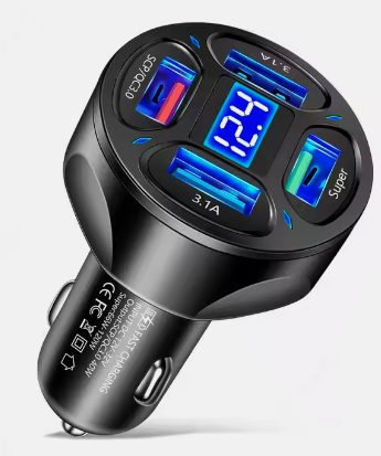 מטען לרכב, 4 שקעי USB, הספק 66W, עם תצוגת טעינה