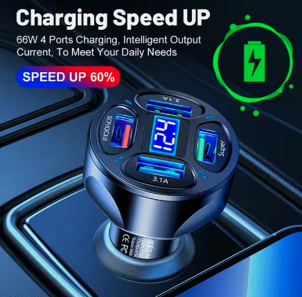 מטען לרכב, 4 שקעי USB, הספק 66W, עם תצוגת טעינה