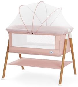 עריסת תינוק דאלאס עם מזרן, כילה, משטח אחסון ואפשרות חיבור לגלגלים - ורוד/מסגרת דמוי עץ
