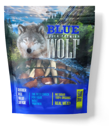 BLUE WOLF חטיף פרימיום לכלב - משקולות עוף דנטליים טבולות בשמן זית 500 גרם