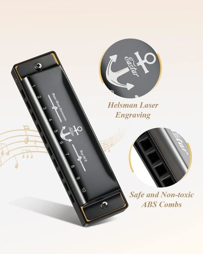 מפוחית דיאטונית 10 חורים C KEY בצבע שחור + תיק קשיח Major Blues Harmonica מבית EASTAR