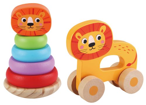 מגדל טבעות מתנדנד מעץ 6 חלקים + צעצוע דחיפה מתגלגל בדמות אריה