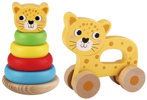 מגדל טבעות מתנדנד מעץ 6 חלקים + צעצוע דחיפה מתגלגל בדמות נמר