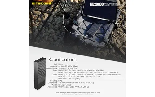 מטען נייד NITECORE NB20000 QC USB & USB-C 4 PORT 20000MAH POWER BANK
