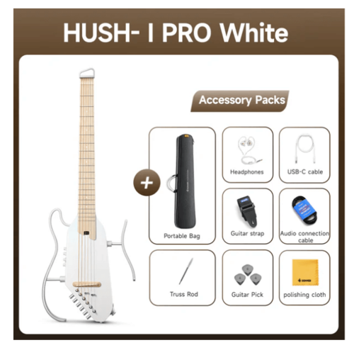 ערכת גיטרה שקטה אקוסטית-חשמלית עם אפקטים מובנים HUSH I PRO בצבע לבן EC6868 | גיטרה לטיולים מבית DONNER