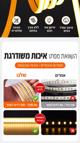 פס לד ניאון COB סולארי 15 מטר לבן חם עם שלט ו-USB